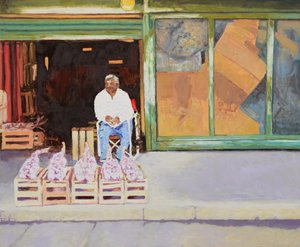 Knoflook verkopen (San Juan, Argentinië), 2016 (olieverf op board) door Trevor Burgess