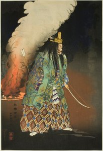 Scène van een No Drama: The Gold Charms, uit de serie "One Hundred No Dramas (Nogaku hyakuban)". door Tsukioka Kogyo
