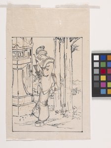 Tekening van een jonge vrouw die bij een stenen lantaarn staat door Tsukioka Yoshitoshi