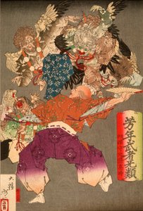 Hōjō Takatoki, heer van Sagami, die met zijn waaier een tengu afweert door Tsukioka Yoshitoshi