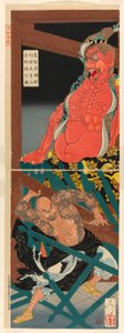 Lu Zhishen in een dronken woedeaanval die het bewakersbeeld aanvalt in de tempel op de berg Godai door Tsukioka Yoshitoshi
