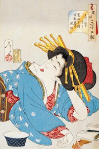 Moment van ontspanning, gezicht van Kansei periode Geisha uit Kyoto, illustratie door Tsukioka Yoshitoshi uit Tweeëndertig aspecten van gewoonten en gebruiken (houtsnede)