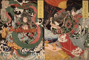 Tawaraya Tda en een Draak en Ono no Komachi die bidt voor regen uit de serie Moed in China en Japan, 1868 door Tsukioka Yoshitoshi