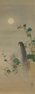 De geest van de overleden Yugao verstrengeld in maanbloemranken door Tsukioka Yoshitoshi