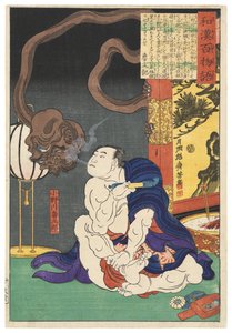 De worstelaar Onogawa Kisaburō blaast rook naar een eenogig monster door Tsukioka Yoshitoshi