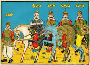 De Mamelukken, legendarische helden in de geschiedenis van Dhaher Bibars, in de 13e eeuw. Populaire afbeeldingen, Tunesië
