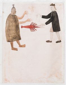 Add MS 15508 [Tekening nr.12] Een Maori die een kreeft ruilt met een Engelse marineofficier, 