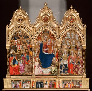 Predella met het leven van Sint Bartholomeus, van Maagd en kind omringd door engelen en heiligen (olieverf op paneel) door Turino Vanni