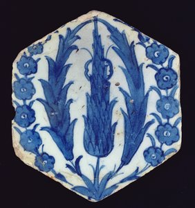 Hexagonale Isnik-tegel met cipressen en een prunus, 1560-70 door Turkish School