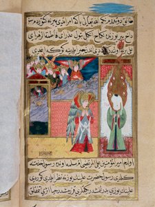 Ontmoeting van de aartsengel Gabriël en de profeet Mohammed (570-632) (gezicht bedekt) in de moskee van Medina. Turkse miniatuur uit de 18e eeuw. Istanbul, Museum voor Turkse-Islamitische Kunst
