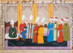 Ottomaanse miniatuur die een Europese ambassadeur aan het hof van het Topkapi-paleis toont, manuscript, Turkije door Turkish School