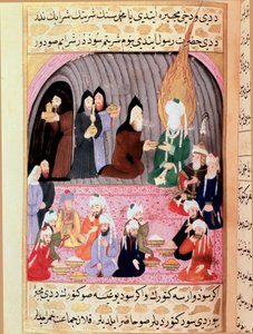 De Profeet Mohammed (Mohammed of Mohammed) (570-632) (bedekt gezicht) op een reis naar Syrië wordt verwelkomd door christelijke monniken die hem een Turkse Miniatuur maaltijd serveren uit de 18e eeuw. Topkapi Museum, Istanboel Turkije door Turkish School