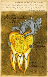 Anatomisch zicht op een tand, de bron van kiespijn wordt getoond als een demon uit de hel door Turkish School