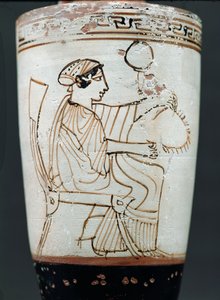 Attische witte grond lekythos met een vrouw die een krans vlecht, ca. 475-420 v.Chr. (aardewerk)