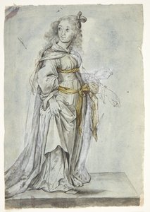 Allegorisch vrouwelijk figuur. Hele rechterzijde van het lichaam is aangepast. Linkerarm van de vrouw onderhevig aan pentimento