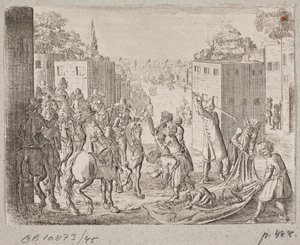Dode(?) oosterling wordt in een doek gewikkeld in aanwezigheid van een Europees gezelschap te paard door Ubekendt