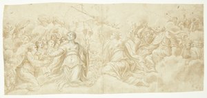 Een verzameling heiligen op wolken, allemaal omhoog kijkend. Waarschijnlijk het onderste register in een hemel van het laatste oordeel. Centraal geplaatst zijn de Heilige Catharina van Alexandrië en Ursula, de laatste omringd door enkele van haar maagden door Ubekendt