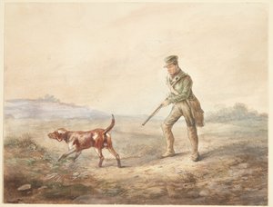 Landschap met een jager en zijn hond door Ubekendt