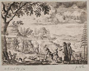 Landschap met twee mannen die riet snijden door Ubekendt