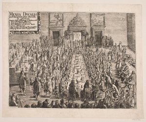 "Mensa Ducalis". Het banket bij Hertog Christian Albrecht na de inwijding van de Universiteit van Kiel door Ubekendt