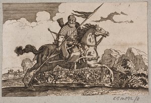 Ottomaanse cavalerist met lans en boog. Op de achtergrond een ruitergevecht