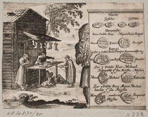 Overzicht van Russische munten. Op de achtergrond een Russische schoenmaker