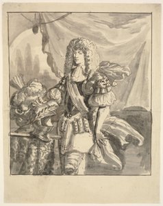 Portret van een veldheer, kniestuk, met een grote hoed met veren