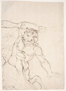 Minotaurus, vechtend met Theseus, waarvan de linker onderarm te zien is door Ubekendt Gb9246