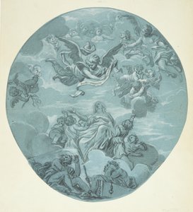 Een Vrouwelijke Heilige op Wolken, omringd door Putti, boven haar Engelenkinderen en een Engel die een Schriftband Houdt met de Inscriptie: Beati pauperes spiritu