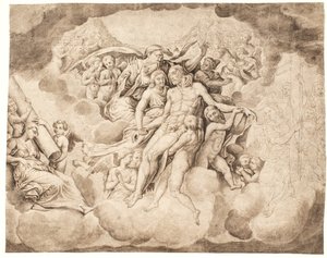 God de Vader en de hemelse heerscharen treuren over het lichaam van Christus door Ubekendt Ubekendt