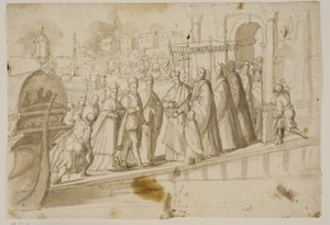 Koning Henri III, Doge Alvise Mocenigo en Kardinaal San Sisto ontvangen door de Venetiaanse patriarch Giovanni Trevisan op het Lido in Venetië