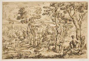 Landschap met nimfen en saters door Ubekendt Ubekendt