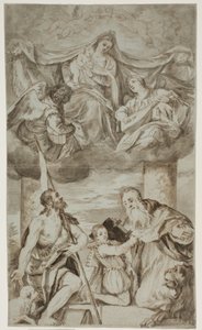 De Maagd en het Kind tussen engelen in de wolken met de heiligen Johannes de Doper en Hiëronymus, naar het schilderij van Paolo Veronese voorheen in S. Francesco della Vigna, Venetië door Ubekendt Ubekendt