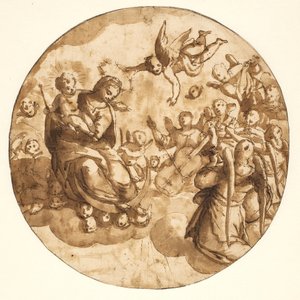 Tondo met de Madonna en Kind zittend op een wolk omringd door muzikale engelen