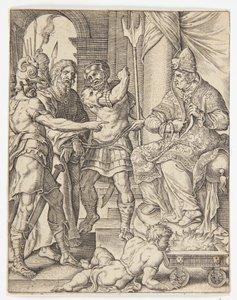 Christus voor de hogepriester Annas door Ubekendt efter Dirck Volckertsz. Coornhert efter Maarten van Heemskerck