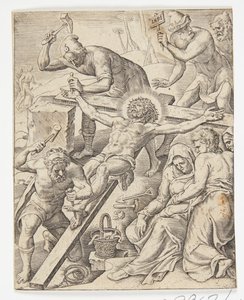 Christus aan het kruis genageld door Ubekendt efter Dirck Volckertsz. Coornhert efter Maarten van Heemskerck