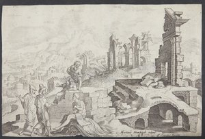 Job op de mesthoop met zijn vrouw en drie vrienden door Ubekendt efter Maarten van Heemskerck