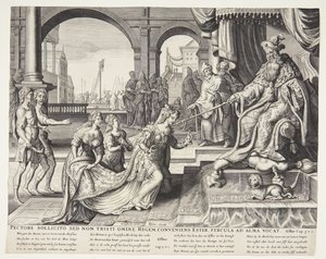 Esther voor Ahasveros, hem uitnodigend voor een banket