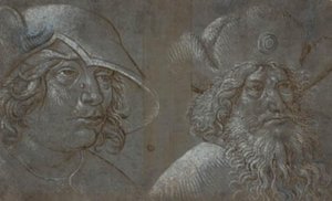 Twee mannenhoofden in driekwart profiel naar rechts, beide met opvallende hoeden door Ubekendt tysk nederlandsk ca. 1500