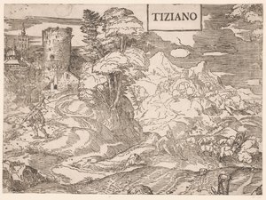 Landschap met een herder door Ugo da Carpi