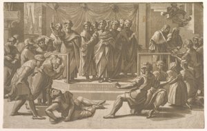 De dood van Ananias, omringd door apostelen