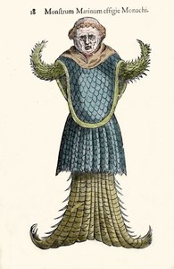 De zeemonnik, denkbeeldige vis en zeemonster door Ulisse Aldrovandi (1522-1605), "Monstrorum Historiae", Bologna 1642 door Ulisse Aldrovandi