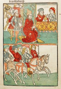 Vergoeding van de burggraaf van Nuernberg, Friedrich von Hohenzollern, met de maarten Brandenburg door keizer Sigismund ... door Ulrich von Richental