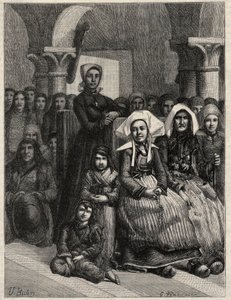 Een preek in een kerk in Bretagne, tekening door M.U. Loot. Gravure in 