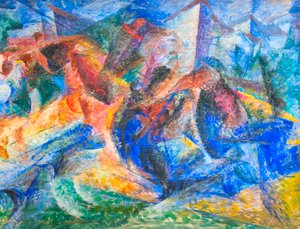 Paard, ruiter en gebouwen