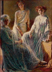 Drie vrouwen. Alle drie gekleed in wit, ze symboliseren de drie leeftijden van het leven. Schilderij door Umberto Boccioni (1882-1916) 1909-1910. Privécollectie