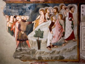 De vlucht van de apostelen (detail). Fresco van de Umbria-school uit de 15e eeuw. Bovenkerk. Klooster van Sint Benedetto (Sacro Speco), Subiaco (Rome), Italië