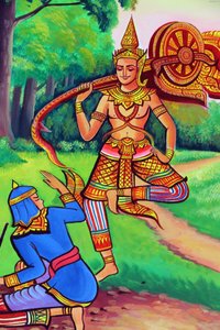 Wat Si Muang boeddhistische tempel. Schilderij dat het levensverhaal van Shakyamuni Boeddha uitbeeldt door Unbekannt