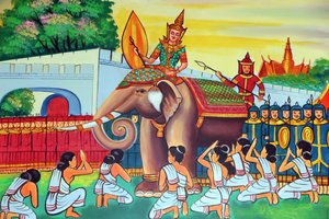 20151029, Vientiane, Laos: Wat Si Muang (Simuong) boeddhistische tempel. Schilderij dat het levensverhaal van Shakyamuni Boeddha uitbeeldt door Unbekannt