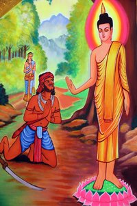 20151029, Vientiane, Laos: Wat Si Muang (Simuong) boeddhistische tempel. Schilderij dat het levensverhaal van Shakyamuni Boeddha uitbeeldt